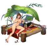  1girl alcohol areola_slip areolae beer beer_can black_swimsuit blue_eyes blush breasts brown_hair can choney cooler eyewear_on_head feet food full_body highres huge_breasts ice last_origin lumberjane meat navel nipples official_art open_mouth palm_leaf ponytail sandals single_sandal sitting slingshot_swimsuit smile solo sunglasses swimsuit tachi-e thighs towel transparent_background 