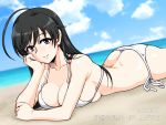  1girl ahoge ass beach bikini black_hair blush breasts butt_crack cleavage closed_mouth collarbone dated eyebrows_visible_through_hair girls_und_panzer grey_eyes isuzu_hana large_breasts long_hair looking_at_viewer lying ocean on_stomach oosaka_kanagawa outdoors shiny shiny_hair side-tie_bikini sky smile solo swimsuit swimwear white_bikini 