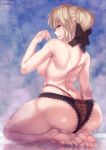  1girl artoria_pendragon_(all) ass black_panties blue_sky breasts fate/grand_order fate_(series) feet finger_licking frilled_panties frills highres hirasawa_seiji kneeling large_breasts licking looking_back panties platinum_blonde_hair saber_alter saliva saliva_trail seiza sitting sky soles solo thighs tied_hair toes topless twitter_username underwear yellow_eyes 