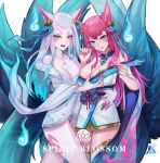  2girls absurdres ahri animal_ear_fluff animal_ears bare_shoulders bell blue_eyes blue_eyeshadow breast_grab breasts cleavage closed_mouth collarbone dual_persona english_text eyeshadow facial_mark fingernails fox_ears fox_tail grabbing gradient gradient_hair groping hair_bell hair_ornament heart highres hitodama japanese_clothes kitsune lan_xiezi league_of_legends licking licking_lips long_fingernails long_hair long_straw makeup multicolored multicolored_hair multiple_girls multiple_tails orange_eyes pale_skin pink_eyeshadow pink_hair pink_nails purple_hair sharp_fingernails signature simple_background solo spirit_blossom_ahri tail tongue tongue_out very_long_fingernails whisker_markings white_background wide_sleeves 