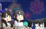  6+girls akitsu_maru_(kantai_collection) alternate_costume black_eyes black_hair black_headwear braid brown_eyes brown_hair camera clone commentary_request crossover dated doubutsu_no_mori fan fireworks hair_over_shoulder hamu_koutarou hat highres kantai_collection long_hair multiple_girls night night_sky paper_fan peaked_cap red_eyes shirt shizue_(doubutsu_no_mori) short_hair single_braid sky star_(sky) starry_sky t-shirt takao_(kantai_collection) uchiwa upper_body uranami_(kantai_collection) white_shirt 