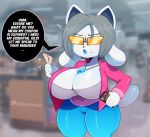  angry beauty_mark bottomwear breasts cellphone clothing english_text eyewear hair hi_res jacket jeans jewelry mammal necklace pants phone somescrub speech_bubble sunglasses tem temmie_(undertale) temren_(jyto) text topwear undertale video_games white_body 