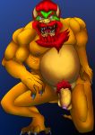  absurd_res anthro balls bowser claws flaccid_cock genitals hair hi_res horn humanoid kneeling koopa male mario_bros musclegut muscular nintendo nude penis scalie simple_background solo video_games 