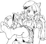  1girl animal_ears arknights ascot bangs belt breasts chinese_commentary collar commentary_request drill_hair fang feet gloves greyscale hands_up hat jacket jacket_on_shoulders jewelry leash long_hair long_sleeves medium_breasts menla military_hat monochrome open_mouth sidelocks simple_background sitting soles solo swire_(arknights) tail thighhighs tiger_ears tiger_girl tiger_tail upskirt white_background 