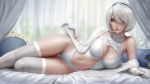  1girl arm_support bangs bed bed_sheet black_hairband blue_eyes breasts bride bust_(sculpture) cleavage cleavage_cutout curtains gloves hair_over_one_eye hairband highleg highleg_leotard large_breasts legs leotard lying mole navel navel_cutout nier_(series) nier_automata no_blindfold on_side parted_bangs pink_lips sciamano240 short_hair silver_hair thighhighs white_gloves white_legwear white_leotard white_theme yorha_no._2_type_b 