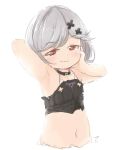  1girl alter_ego_malevolent_(granblue_fantasy) arm_behind_head armpits arms_up baigao bangs black_choker blush choker commentary_request djeeta_(granblue_fantasy) eyebrows_visible_through_hair granblue_fantasy grey_hair hair_ornament hairclip hand_on_own_cheek highres looking_at_viewer navel red_eyes short_hair simple_background smile smirk solo stomach upper_body white_background x_hair_ornament younger 