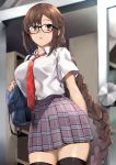  1girl bag bangs black_legwear blush braid breasts brown_eyes brown_hair collared_shirt consort_yu_(fate) contemporary fate/grand_order fate_(series) glasses grey_skirt hidebuu highres large_breasts long_hair looking_at_viewer necktie open_mouth plaid plaid_skirt school_bag shirt short_sleeves sidelocks skirt thighhighs thighs very_long_hair 