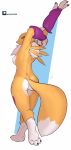  2019 3_fingers anthro armwear biped black_sclera blue_eyes breasts bridal_gauntlets butt canid canine claws clothing digimon digimon_(species) digital_media_(artwork) female fingers fur hi_res looking_at_viewer looking_back mammal markings mostly_nude negger renamon side_boob simple_background solo standing stretching tuft white_body white_fur yellow_body yellow_fur 