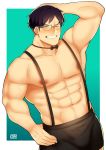 1boy abs absurdres bara blue_hair blush boku_no_hero_academia bulge chest clayten glasses hand_on_head highres iida_tenya looking_at_viewer male_focus muscle nipples pectorals shirtless smile solo 