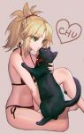  1girl animal animal_on_lap bangs bare_arms bare_legs bare_shoulders barefoot bikini black_cat blonde_hair braid breasts cat cleavage collarbone dolce_(dolsuke) eyebrows_visible_through_hair fate/grand_order fate_(series) foot_out_of_frame french_braid green_eyes grey_background hair_ornament hair_scrunchie heart highres knee_up looking_at_animal medium_breasts medium_hair midriff mordred_(fate) mordred_(fate)_(all) parted_bangs ponytail puckered_lips red_bikini red_scrunchie scrunchie side-tie_bikini simple_background sitting sleeveless solo swimsuit 