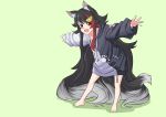  1girl :d absurdly_long_hair absurdres animal_ear_fluff animal_ears bare_legs barefoot black_hair commentary_request fang full_body highlights highres hololive hood hood_down hoodie long_hair multicolored_hair ookami_mio open_mouth outstretched_arms oversized_clothes red_hair risian skin_fang smile spread_arms tail very_long_hair virtual_youtuber white_hair wolf_ears wolf_tail younger 