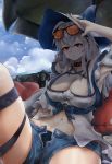  1girl absurdres ahoge arknights arm_up armpits blue_shorts blue_sky breasts cleavage cloud commentary day eyewear_on_head highres large_breasts navel open_fly red_eyes short_shorts shorts silver_hair skadi_(arknights) sky solo stomach sunglasses thigh_strap thighs vyragami white_headwear 