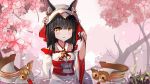  1girl absurdres animal_ear_fluff animal_ears azur_lane bangs bare_shoulders bell black_hair blush breasts cherry_blossoms crying crying_with_eyes_open detached_sleeves dress eyebrows_visible_through_hair flower hair_ornament hat highres holding holding_hair ilias_005 japanese_clothes kimono looking_at_viewer medium_hair nagato_(azur_lane) nagato_(great_fox&#039;s_shiroshouzoku)_(azur_lane) open_mouth ribbon small_breasts solo tagme tears tree tsunokakushi uchikake x_hair_ornament yellow_eyes 