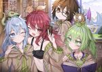  4girls ahoge aussa blue_eyes blue_hair blush book breasts brown_eyes brown_hair card coat duel_monster eria glasses green_eyes green_hair hiita long_hair multiple_girls navel one_eye_closed red_eyes red_hair ribbed_sweater short_hair sweater verslll wings wynn yuu-gi-ou 