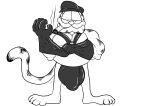  2019 absurd_res anthro balls_outline bulge clothing domestic_cat felid feline felis garfield_(series) garfield_the_cat genital_outline hat headgear headwear hi_res humanoid_hands leather_daddy male mammal monochrome overweight overweight_anthro overweight_male penis_outline ryusuke573 simple_background smoking solo white_background 