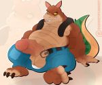  activision anthro balls belt bottomwear canid canine canis clothing crash_bandicoot_(series) crocodile crocodilian crocodylid dingo dingodile genitals hi_res hybrid incrediblecrocodile male mammal musclegut overweight overweight_anthro overweight_male pants penis reptile scalie sharp_teeth solo teeth video_games 
