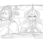  1boy 1girl bb_(baalbuddy) black_clover braid cape car_interior charlotte_roselei cleave_gag cloth_gag commentary crazy_eyes dice driving english_commentary gag gagged greyscale hat highres improvised_gag medium_hair monochrome muscle shaded_face smile sweat yami_sukehiro 