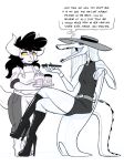  2020 alligator alligatorid anthro beverage boots clothed clothing coffee crocodilian duo english_text footwear hat headgear headwear high_heeled_boots high_heels kobold reptile samantha_reyes scalie shoes text zwitterkitsune 
