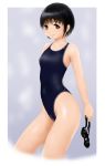  1girl black_hair blue_eyes breasts commentary_request competition_swimsuit covered_navel goggles goggles_removed highleg highleg_swimsuit highres holding holding_goggles looking_at_viewer natsu_no_yudoufu one-piece_swimsuit original short_hair small_breasts smile solo swimsuit 
