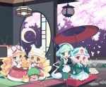  5girls apron bangs black_hairband black_ribbon blonde_hair blue_eyes blue_headwear blunt_bangs brown_hair bug butterfly cat chen cherry_blossoms chibi closed_eyes commentary_request crescent_moon cup dango dress fang food fox_tail green_hair green_headwear green_kimono hair_ribbon hairband hat hitodama holding holding_food indoors insect japanese_clothes kimono konpaku_youmu konpaku_youmu_(ghost) kotatsu lamp long_hair long_sleeves lumine_(2339) mob_cap moon multiple_girls multiple_tails open_mouth oriental_umbrella petals pillow_hat pink_hair red_eyes red_umbrella ribbon round_window saigyouji_yuyuko short_hair sitting smile sword sword_behind_back table tail teapot television touhou triangular_headpiece umbrella wagashi weapon white_dress white_headwear wide_sleeves yakumo_ran yakumo_yukari yunomi 