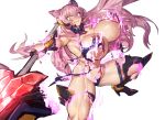  1girl armor blue_eyes blush bouncing_breasts breasts broken elbow_gloves embarrassed exploding_clothes garter_straps gloves glowing headgear huge_breasts leotard long_hair maria_cadenzavna_eve melon22 navel open_mouth pink_hair polearm senki_zesshou_symphogear shiny shiny_hair shiny_skin solo spear surprised thighhighs wardrobe_malfunction weapon 