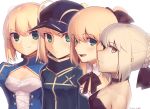  4girls :d ahoge artoria_pendragon_(all) baseball_cap black_neckwear black_ribbon blonde_hair blue_dress boa_(brianoa) braid breasts cleavage_cutout closed_mouth detached_collar dress fate/grand_order fate/stay_night fate_(series) green_eyes hat juliet_sleeves long_sleeves looking_at_viewer multiple_girls multiple_persona mysterious_heroine_x neck_ribbon open_mouth puffy_sleeves ribbon saber saber_alter saber_lily signature simple_background small_breasts smile white_background yellow_eyes 