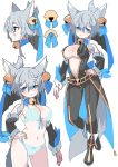  1girl :3 animal_ears ankle_boots bell black_pants blue_bra blue_eyes blue_panties blush boots bra breasts cleavage closed_mouth detached_sleeves grey_hair hair_bell hair_ornament hand_on_hip highres inukaze_yamu jingle_bell large_breasts long_sleeves looking_at_viewer multiple_views neck_bell original panties pants parted_lips shishimanako_hareko short_hair simple_background smile underwear underwear_only white_background 