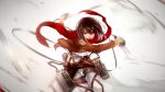  1girl artist_request bangs belt brown_eyes brown_hair dress_shirt dual_wielding emblem highres holding holding_sword holding_weapon jacket long_sleeves looking_at_viewer mikasa_ackerman military military_uniform pants paradis_military_uniform red_scarf scarf shingeki_no_kyojin shirt short_hair solo sword thigh_strap three-dimensional_maneuver_gear uniform weapon white_background white_pants white_shirt 