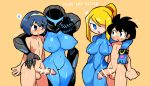  2boys 2girls :d arm_around_shoulder armor bar_censor black_hair blonde_hair blue_eyes blue_hair blush_stickers bodysuit breasts censored character_request closed_mouth clothed_female_nude_male copyright_request dark_samus erection hair_over_one_eye hairband helmet large_breasts long_hair metroid multiple_boys multiple_girls nipples nude one_eye_covered open_mouth pauldrons penis ponytail rariatto_(ganguri) samus_aran shoulder_armor simple_background smile spoken_sweatdrop standing sweat sweatdrop testicles yellow_background 