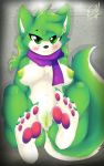  4_toes absurd_res anthro anus areola barefoot black_nose blush breasts canid canine canis class_zero claws clothing digital_media_(artwork) e-01 feet female foot_focus fur genitals green_body green_eyes green_fur green_nipples green_pussy hair hi_res looking_at_viewer mammal multicolored_body multicolored_fur nipples nude pawpads paws purple_paws pussy simple_background sitting smile spread_legs spreading toe_claws toes two_tone_body two_tone_fur white_body white_fur wolf zero_one 