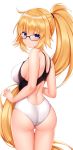  1girl absurdres ass back bangs bare_shoulders black_swimsuit blonde_hair blue_eyes blush breasts competition_swimsuit fate/grand_order fate_(series) glasses highres jeanne_d&#039;arc_(fate)_(all) jeanne_d&#039;arc_(swimsuit_archer) large_breasts long_hair looking_at_viewer looking_back one-piece_swimsuit ponytail shouu-kun simple_background swimsuit two-tone_swimsuit very_long_hair white_background white_swimsuit 