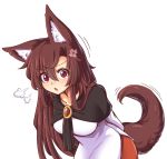  1girl :o =3 anger_vein animal_ear_fluff animal_ears arms_behind_back breasts brooch brown_hair collarbone dress eyebrows_visible_through_hair hair_between_eyes imaizumi_kagerou jewelry large_breasts layered_dress leaning_forward long_hair long_sleeves looking_at_viewer motion_lines open_mouth red_eyes red_skirt shawl sidelocks skirt solo standing tail touhou upper_body very_long_hair white_dress wolf_ears wolf_tail wool_(miwol) 