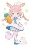 1girl :d animal_on_head ayu_(mog) blonde_hair blue_eyes blue_sailor_collar blush braid bunny bunny_on_head carrot crossed_legs dress food_background full_body gradient_hair hair_ornament hairclip hand_up highres holding looking_at_viewer multicolored_hair on_head open_mouth pink_hair polka_dot sailor_collar sailor_dress short_dress short_sleeves signature smile solo standing symbol_commentary twin_braids unmoving_pattern watson_cross white_dress 