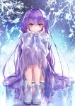  1girl absurdres bangs dress fate/grand_order fate_(series) frozen hane_yuki highres huge_filesize knees_up long_hair long_skirt long_sleeves purple_hair red_eyes scathach_(fate)_(all) scathach_skadi_(fate/grand_order) shoes sitting skirt smile solo 