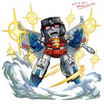  1boy chibi dated decepticon floating flying highres kamizono_(spookyhouse) mecha mechanical_wings no_humans open_hands open_mouth red_eyes solo starscream transformers transformers:_war_for_cybertron_trilogy twitter_username white_background wings 
