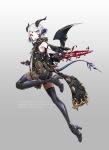  1girl ass au_ra black_footwear boots dagger dragon_horns dragon_tail dragon_wings dual_wielding english_text final_fantasy final_fantasy_xiv gradient gradient_background grey_background heterochromia high_heel_boots high_heels highres holding holding_dagger holding_weapon horns looking_at_viewer multiple_horns parted_lips red_eyes reverse_grip short_hair solo tail thigh_boots thighhighs vest weapon westxost_(68monkey) white_hair wide-eyed wings 