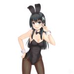  1girl absurdres animal_ears black_hair black_legwear black_leotard bow bowtie bunny_ears bunny_girl bunnysuit commentary_request cowboy_shot detached_collar fake_animal_ears flower green_eyes hair_flower hair_ornament hand_on_hip highres leotard long_hair looking_at_viewer pantyhose sainohikari saten_ruiko simple_background smile solo standing strapless strapless_leotard to_aru_kagaku_no_railgun to_aru_majutsu_no_index v white_background wrist_cuffs 