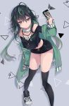  1girl absurdres bangs bare_shoulders black_hair black_legwear black_shorts breasts cellphone eyebrows_visible_through_hair green_eyes green_hair green_jacket hair_between_eyes highres jacket looking_at_viewer midriff multicolored_hair navel nijisanji nijisanji_kr phone rokubungiurana shin_yuya short_shorts shorts simple_background solo thighhighs virtual_youtuber 