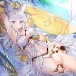 1girl animal_ears arm_up armpits artist_name bangs beach bikini blue_eyes blue_nails blush breasts character_name cleavage collar commentary_request copyright_name dark_hound_3 day erune eyebrows_visible_through_hair fingernails granblue_fantasy highres korwa long_hair looking_at_viewer lying medium_breasts nail_polish navel ocean on_back outdoors parted_lips shiny shiny_hair shiny_skin silver_hair simple_background smile solo stomach swimsuit thighs 