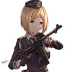  1girl absurdres blonde_hair bow closed_mouth commentary english_commentary girls_frontline gloves grey_bow grey_jacket gun half_gloves hat highres holding holding_gun holding_weapon jacket long_sleeves looking_at_viewer mp40 mp40_(girls_frontline) orange_eyes short_hair signature simple_background solo submachine_gun tegar32 trigger_discipline upper_body weapon white_background yellow_eyes 
