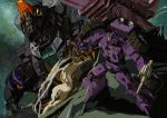  1980s_(style) cannon claws clenched_hand debris decepticon dinosaur full-tilt holding holding_weapon marble-v mecha oldschool orange_eyes red_eyes robot_animal sharp_teeth smoke space teeth tire transformers trypticon weapon 