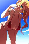  1girl arched_back bare_shoulders bikini blue_eyes blue_sky breasts cleavage cloud collarbone day girls_frontline hair_ornament hand_on_own_throat hand_up hanging_breasts highres kalina_(girls_frontline) leaning_forward long_hair looking_at_viewer navel open_mouth orange_hair outdoors red-framed_eyewear sayossa_(pak-front) side-tie_bikini side_ponytail skindentation sky smile solo sunglasses swimsuit thighs wet wet_hair x_hair_ornament 