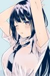 1girl armpit_peek arms_up bangs bare_arms black_hair black_neckwear blue_background blush breasts buttons collared_shirt eyebrows_visible_through_hair eyelashes half-closed_eye highres large_breasts long_hair looking_at_viewer loose_necktie necktie one_eye_closed open_collar original parted_lips purple_eyes shiny shiny_hair shirt short_necktie short_sleeves simple_background solo sweat sweatdrop symbol_commentary taut_clothes taut_shirt twitter_username upper_body white_shirt wing_collar yu_yu 