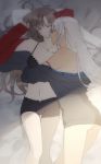  2girls amazuki_jou azur_lane body_markings bodypaint bra commentary_request facial_mark forehead_mark highres jacket jean_bart_(azur_lane) light_brown_hair massachusetts_(azur_lane) multiple_girls native_american navel off_shoulder short_shorts shorts sleeping underwear white_hair yuri 