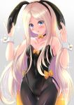  1girl abigail_williams_(fate/grand_order) animal_ears bangs black_legwear black_leotard blonde_hair blue_eyes bow breasts bunny_ears choker coattails collarbone covered_navel fate/grand_order fate_(series) forehead gradient gradient_background highleg highleg_leotard highres koji45hiro leotard long_hair multiple_bows open_mouth orange_bow pantyhose parted_bangs small_breasts sparkle strapless strapless_leotard thighs wrist_cuffs 