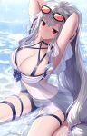  1girl arknights arms_up black_shorts breasts cleavage commentary_request eyewear_on_head highres large_breasts long_hair low-tied_long_hair navel red_eyes short_shorts shorts silence silver_hair sitting skadi_(arknights) solo stomach sunglasses thigh_strap thighs very_long_hair wariza 