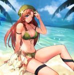 1girl ahoge arm_strap beach beret bikini blue_eyes blue_sky blush breasts chiori_(pixiv9569926) cloud commentary_request day green_bikini green_headwear green_sarong grin hat hat_ornament highres hong_meiling large_breasts long_hair looking_at_viewer midriff navel ocean outdoors palm_tree red_hair sarong sitting sky smile solo star_(symbol) star_hat_ornament swimsuit thigh_strap thighs touhou tree 