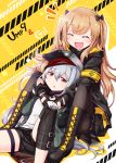  2girls :d :o ^_^ armband black_bow black_footwear black_gloves black_jacket black_shorts black_skirt blush boots bow brown_eyes brown_hair brown_legwear character_name closed_eyes commentary_request cross-laced_footwear fingerless_gloves flat_cap g11_(girls_frontline) girls_frontline gloves green_headwear green_jacket hair_bow hair_ornament hairclip haradaiko_(arata_himeko) hat highres hood hood_down hooded_jacket hug hug_from_behind jacket knee_pads knee_up knees_up lace-up_boots long_hair multiple_girls open_clothes open_jacket open_mouth pantyhose parted_lips pleated_skirt shirt short_shorts shorts silver_hair sitting skirt smile twintails ump9_(girls_frontline) very_long_hair white_shirt yellow_background 