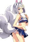  1girl animal_ear_fluff animal_ears ass azur_lane bangs blue_eyes blunt_bangs breasts cheerleader clothes_writing crop_top crop_top_overhang eyeliner fox_ears fox_girl fox_tail highres kaga_(azur_lane) kitsune macaroni_hourensou makeup midriff miniskirt multiple_tails panties pantyshot pleated_skirt shirt short_hair skirt sleeveless sleeveless_shirt solo tail underboob underwear white_panties 