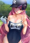  1girl aizono_manami bangs baseball_helmet blush breasts cleavage collarbone gloves helmet highres konkito large_breasts long_hair name_tag navel nijisanji open_mouth outdoors pink_hair school_swimsuit single_glove skindentation smile solo sweatdrop swimsuit swimsuit_pull very_long_hair virtual_youtuber yellow_eyes 